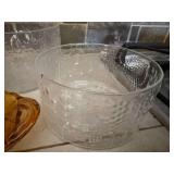 Amber Glass Serving Dish, Clear Embossed Bowls and Two Plates - 5Piece Set