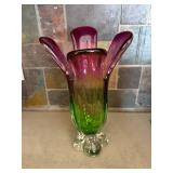 Gradient Purple-Green Glass Vase - Flared Petal Rim, 11 in Tall