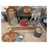 Vintage Copper Kettle, Painted Horse Figurine, Welcome Sign & Heart Decor Set
