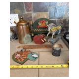 Vintage Copper Kettle, Painted Horse Figurine, Welcome Sign & Heart Decor Set