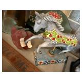 Vintage Copper Kettle, Painted Horse Figurine, Welcome Sign & Heart Decor Set