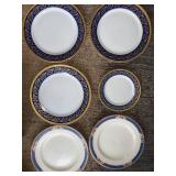 Wedgwood Astor Dinner Plates - England Blue & Gold Border with Floral Accents