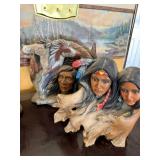 Native American Busts Totem Set (Lot of 4) - Hand-Painted Resin Sculptures