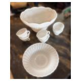 Hocking Grapes Milk Glass Bowl Set - Large Embossed Centerpiece Bowl & Teacups & Ribbed Bowl