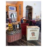 Sunbonnet Sugar Tin, Red Farmers Market Bucket & Wire Basket (Lot of 3)