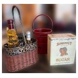 Sunbonnet Sugar Tin, Red Farmers Market Bucket & Wire Basket (Lot of 3)