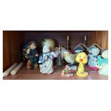 shelf inside Hutch - Assorted Vintage Figurines & Decor - Duck, Snowmen, Apples & Candlesticks