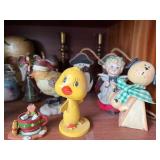 shelf inside Hutch - Assorted Vintage Figurines & Decor - Duck, Snowmen, Apples & Candlesticks