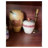 shelf inside Hutch - Assorted Vintage Figurines & Decor - Duck, Snowmen, Apples & Candlesticks