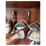 shelf inside Hutch - Assorted Vintage Figurines & Decor - Duck, Snowmen, Apples & Candlesticks