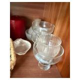 shelf inside Hutch - White Porcelain Mini-Pitcher in Woven Basket with Glass Goblets & Candles
