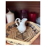 shelf inside Hutch - White Porcelain Mini-Pitcher in Woven Basket with Glass Goblets & Candles
