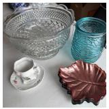 Dining Room - Glass Punch Bowl, Teal Ribbed Jar, Rose Pattern mini-Creamer on Saucer & Leaf-Shaped Dishes (Lot of 8)