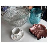 Dining Room - Glass Punch Bowl, Teal Ribbed Jar, Rose Pattern mini-Creamer on Saucer & Leaf-Shaped Dishes (Lot of 8)