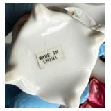 Dining Room - Glass Punch Bowl, Teal Ribbed Jar, Rose Pattern mini-Creamer on Saucer & Leaf-Shaped Dishes (Lot of 8)