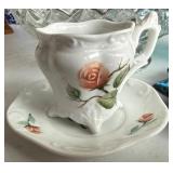 Dining Room - Glass Punch Bowl, Teal Ribbed Jar, Rose Pattern mini-Creamer on Saucer & Leaf-Shaped Dishes (Lot of 8)