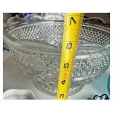 Dining Room - Glass Punch Bowl, Teal Ribbed Jar, Rose Pattern mini-Creamer on Saucer & Leaf-Shaped Dishes (Lot of 8)