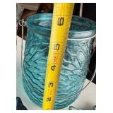 Dining Room - Glass Punch Bowl, Teal Ribbed Jar, Rose Pattern mini-Creamer on Saucer & Leaf-Shaped Dishes (Lot of 8)