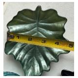 Dining Room - Glass Punch Bowl, Teal Ribbed Jar, Rose Pattern mini-Creamer on Saucer & Leaf-Shaped Dishes (Lot of 8)