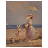 Beach Scene Painting - Woman with Parasol & Child on the Shore
