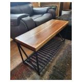 Industrial Coffee Table - Solid Wood Top, Black Metal Frame, Slatted Lower Shelf