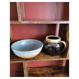 Blue Glazed Ceramic Bowl & Brown Glazed Jar - Ceramic Display Pair