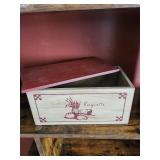 Wooden Bread Box - Baguette & Wheat Graphic, Whitewashed Finish, Red Lid