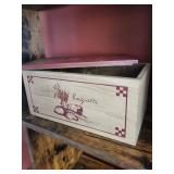 Wooden Bread Box - Baguette & Wheat Graphic, Whitewashed Finish, Red Lid