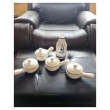 Delft-Style Blue Floral Condiment Set with 4 Lidded Pots and Bottle Vase