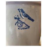 Bluebird Enamel Canister - White Cylindrical Jar with Bird Logo on Red Pedestal Base