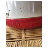 Bluebird Enamel Canister - White Cylindrical Jar with Bird Logo on Red Pedestal Base