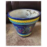 Ceramic Planter Pot - Blue with Yellow Band and Floral Scroll Design