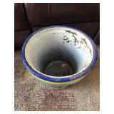 Ceramic Planter Pot - Blue with Yellow Band and Floral Scroll Design