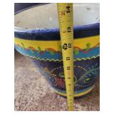 Ceramic Planter Pot - Blue with Yellow Band and Floral Scroll Design