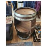 Barrel End Table - Rustic Whiskey Barrel with Storage Shelves, Wood & Metal Bands