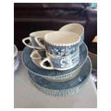 Blue & White Scenic Transferware Teacups & Plates Set
