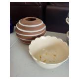 TreasureCraft Barbara Engan White Scalloped Bowl & Brown Striped Ceramic Jar - Not for Microwave
