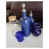 Cobalt Blue Glass Bottles & Jars with Pour Spouts - Vintage Display Set