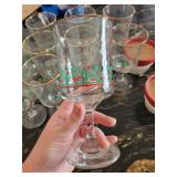 Christmas Holly Berry Stemware Glasses w/ Gold Rim & Green Goblets & Santa Planters