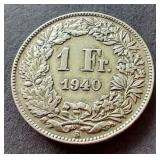 1940 Switzerland Silver 1 Franc
