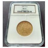 1892 Liberty Head $10 Gold Coin - NGC MS61