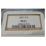 1892 Liberty Head $10 Gold Coin - NGC MS61