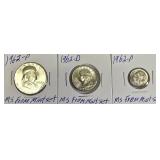 1962-P Franklin Half, 1962-D Quarter, and 1962-P Dime - All from mint sets and all high grade MS 65-67.