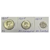 1964-P Kennedy Half Dollar, 1964-P Quarter, and 1964-P Dime, all in high grade from MS 64 to MS 67.