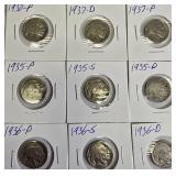 Nine Different Buffalo Nickels