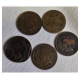 Five Indian Cents from the years 1900, 1901, 1905, and 1907 - all in worn condition.
