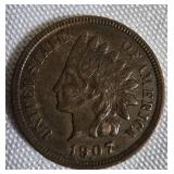 Five Indian Cents from the years 1900, 1901, 1905, and 1907 - all in worn condition.