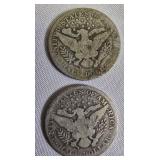 Two Barber half dollars with a face value of one dollar: 1902-P and 1906-P.