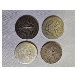 Four Barber Quarters with a face value of one dollar: 1897-P, 1902-P,1904-P & 1912-P