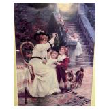 Framed Vintage Print - Children with Dog by Garden Staircase Framed Vintage Print - Children with Dog by Garden Staircase